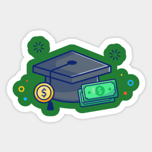 Scholarship, Graduation Cap And Money Cartoon Sticker